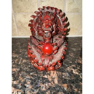 Vintage Red Dragon Cinnabar 5” Fiery Dragon Sculpture